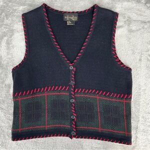 Requirements Petite Black Red Green Plaid Knit Button Up Sweater Vest Women's M